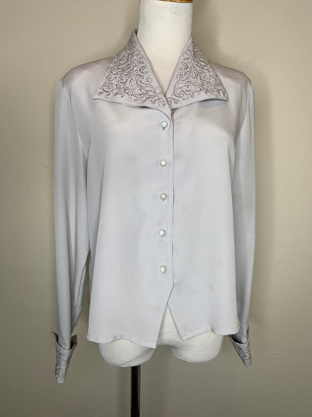 Vintage Gray Blouse Embroidered Beaded Open Collar Sz 8